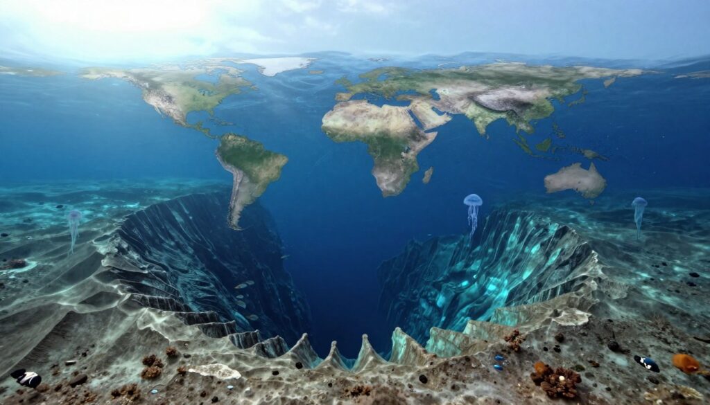 A detailed world map highlighting the Mariana Trench, the deepest place on Earth, portrayed in a captivating top-down view. In the foreground, there should be an intricate illustration of the trench, showing its depth and unique geological features, including sharp ridges and deep blue waters. The middle layer captures surrounding oceanic zones, with subtle currents and aquatic life like fish and jellyfish, creating a sense of depth and biodiversity. The background features distant landmasses, softly lit by the sun, with a gradient of blue tones representing the vast ocean stretching to the horizon. Use natural lighting to enhance the colors, aiming for a serene yet awe-inspiring atmosphere that invites exploration. The entire image should be clear and well-composed for an educational context. A detailed world map highlighting the Mariana Trench, the deepest place on Earth, portrayed in a captivating top-down view. In the foreground, there should be an intricate illustration of the trench, showing its depth and unique geological features, including sharp ridges and deep blue waters. The middle layer captures surrounding oceanic zones, with subtle currents and aquatic life like fish and jellyfish, creating a sense of depth and biodiversity. The background features distant landmasses, softly lit by the sun, with a gradient of blue tones representing the vast ocean stretching to the horizon. Use natural lighting to enhance the colors, aiming for a serene yet awe-inspiring atmosphere that invites exploration. The entire image should be clear and well-composed for an educational context.