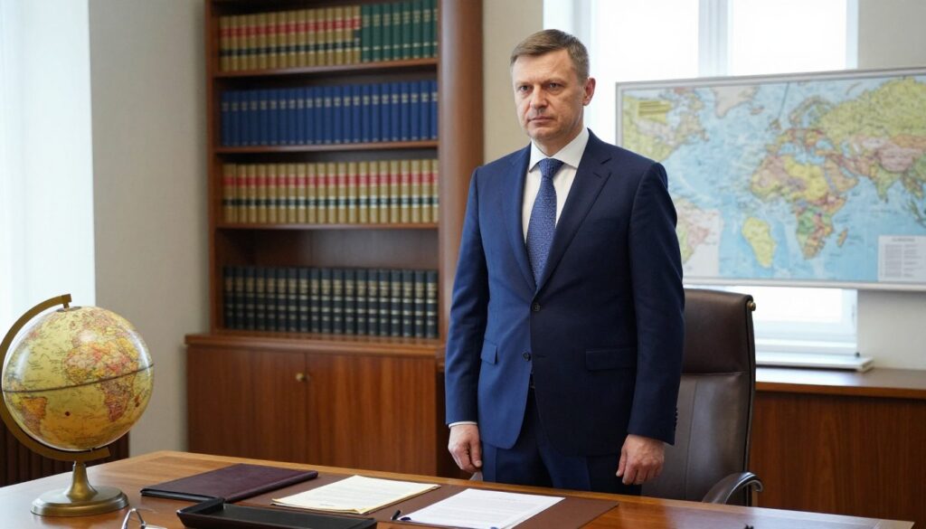 A distinguished Polish diplomat resembling Witold Waszczykowski stands confidently in a formal office environment. He has short, neatly styled hair, a focused expression, and is dressed in a tailored navy-blue suit with a subtle patterned tie. The foreground features a polished wooden desk adorned with a few diplomatic documents and a globe. In the middle ground, bookshelves filled with international law books and maps related to Poland and global politics can be seen behind him. The background shows a large window with natural light illuminating the room, casting soft shadows. The atmosphere is serious yet respectful, reflecting the essence of diplomatic engagements and the gravity of international relations, with a depth of field that emphasizes the subject in focus. A distinguished Polish diplomat resembling Witold Waszczykowski stands confidently in a formal office environment. He has short, neatly styled hair, a focused expression, and is dressed in a tailored navy-blue suit with a subtle patterned tie. The foreground features a polished wooden desk adorned with a few diplomatic documents and a globe. In the middle ground, bookshelves filled with international law books and maps related to Poland and global politics can be seen behind him. The background shows a large window with natural light illuminating the room, casting soft shadows. The atmosphere is serious yet respectful, reflecting the essence of diplomatic engagements and the gravity of international relations, with a depth of field that emphasizes the subject in focus.