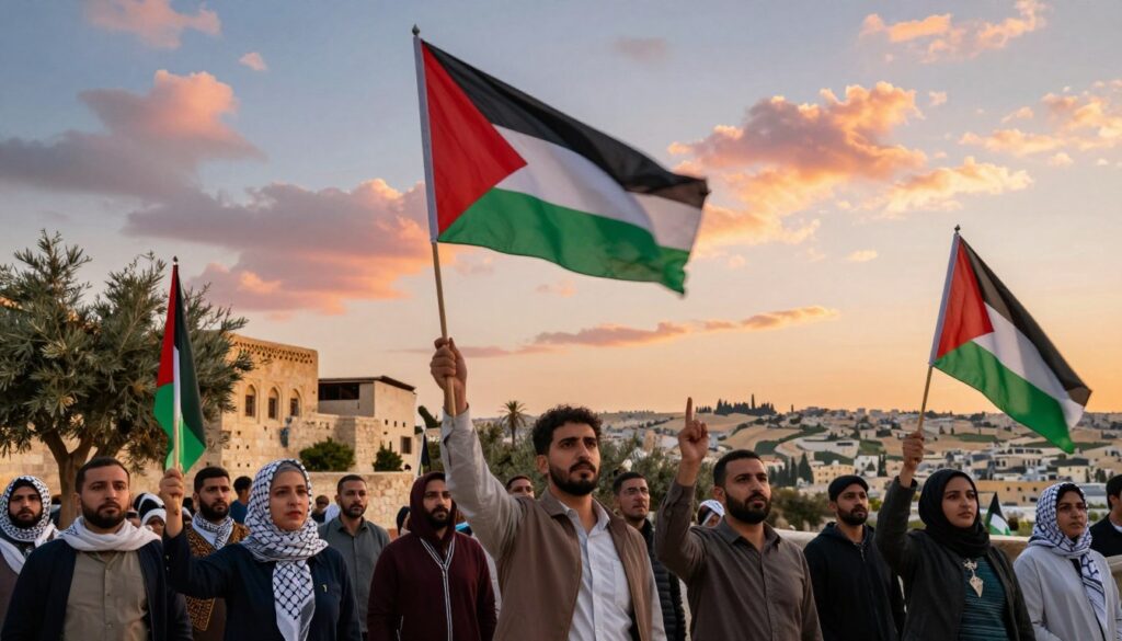 A dramatic scene capturing the essence of the Intifada and the declaration of independence. In the foreground, a group of diverse individuals dressed in modest clothing stands resolutely, raising flags that symbolize Palestinian identity, with expressions of determination and hope. The middle ground features a backdrop of historic buildings and elements representing Palestinian culture, like olive trees and traditional architecture, all bathed in warm, golden light of sunset. The background shows a distant view of the landscape of Palestine, characterized by rolling hills and a soft sky filled with clouds, blending hues of orange, pink, and blue. The atmosphere is one of solidarity and resilience, conveying a powerful sense of liberation and cultural pride, captured from a slightly low angle to emphasize the subjects' strength against the backdrop of their homeland. A dramatic scene capturing the essence of the Intifada and the declaration of independence. In the foreground, a group of diverse individuals dressed in modest clothing stands resolutely, raising flags that symbolize Palestinian identity, with expressions of determination and hope. The middle ground features a backdrop of historic buildings and elements representing Palestinian culture, like olive trees and traditional architecture, all bathed in warm, golden light of sunset. The background shows a distant view of the landscape of Palestine, characterized by rolling hills and a soft sky filled with clouds, blending hues of orange, pink, and blue. The atmosphere is one of solidarity and resilience, conveying a powerful sense of liberation and cultural pride, captured from a slightly low angle to emphasize the subjects' strength against the backdrop of their homeland.