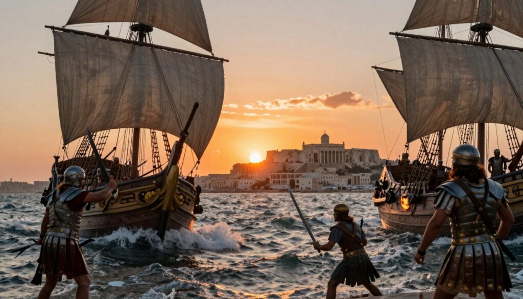 A dramatic scene depicting the Punic Wars, showcasing a fierce naval battle between Carthaginian and Roman ships in the foreground. The scene captures the turbulent waves, with ships visible under the billowing sails, swords clashing, and soldiers in traditional attire, like Roman armor and Carthaginian tunics, engaging in combat. In the middle ground, a fiery sunset casts an orange glow over the battle, enhancing the tension of the moment. The background features the distant silhouette of Carthage’s iconic buildings and a clear sky, symbolizing the grandeur of its ancient civilization. The lighting is dynamic, with shadows and highlights emphasizing the intensity of the fight, evoking a sense of historical conflict and drama. A dramatic scene depicting the Punic Wars, showcasing a fierce naval battle between Carthaginian and Roman ships in the foreground. The scene captures the turbulent waves, with ships visible under the billowing sails, swords clashing, and soldiers in traditional attire, like Roman armor and Carthaginian tunics, engaging in combat. In the middle ground, a fiery sunset casts an orange glow over the battle, enhancing the tension of the moment. The background features the distant silhouette of Carthage’s iconic buildings and a clear sky, symbolizing the grandeur of its ancient civilization. The lighting is dynamic, with shadows and highlights emphasizing the intensity of the fight, evoking a sense of historical conflict and drama.