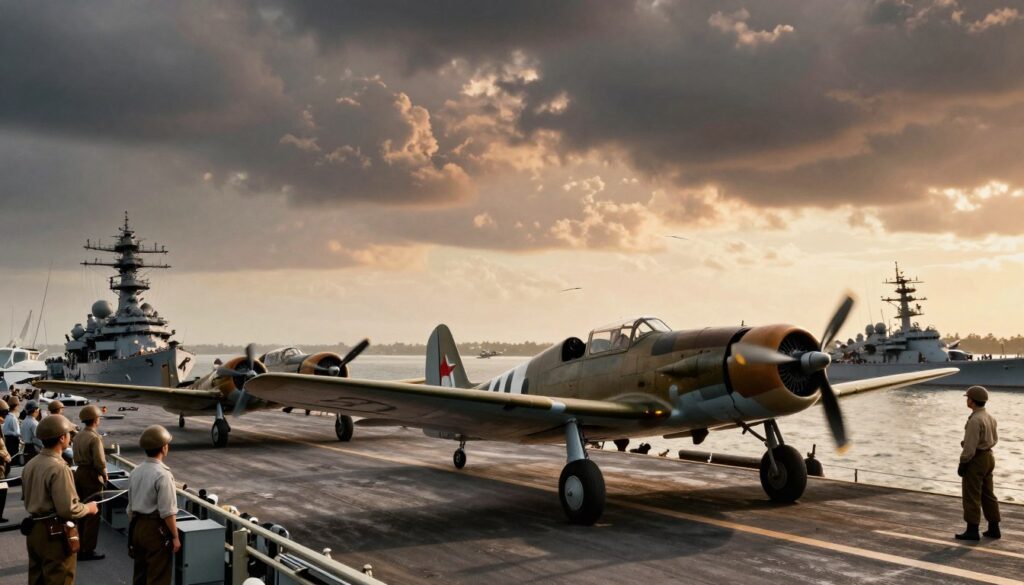 A dramatic scene inspired by the film "Pearl Harbor," set during the early morning hours of December 7, 1941. In the foreground, a squadron of WWII fighter planes is taking off from a USS aircraft carrier, their engines roaring and propellers spinning, with military personnel dressed in crisp uniforms coordinating the launch. The middle ground reveals the bustling harbor filled with battleships and aircraft in vibrant detail, capturing the tension of the impending attack. The background showcases an expansive sky, painted with warm hues of dawn, while ominous clouds loom overhead, hinting at the chaos that will soon unfold. The atmosphere is tense yet cinematic, with dramatic lighting casting shadows across the scene, enhancing the historical significance and emotional weight of this pivotal moment in history. A dramatic scene inspired by the film "Pearl Harbor," set during the early morning hours of December 7, 1941. In the foreground, a squadron of WWII fighter planes is taking off from a USS aircraft carrier, their engines roaring and propellers spinning, with military personnel dressed in crisp uniforms coordinating the launch. The middle ground reveals the bustling harbor filled with battleships and aircraft in vibrant detail, capturing the tension of the impending attack. The background showcases an expansive sky, painted with warm hues of dawn, while ominous clouds loom overhead, hinting at the chaos that will soon unfold. The atmosphere is tense yet cinematic, with dramatic lighting casting shadows across the scene, enhancing the historical significance and emotional weight of this pivotal moment in history.