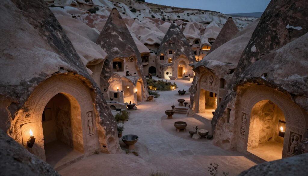 A dramatic underground city carved into soft volcanic rock, inspired by Cappadocia's historical sites. In the foreground, intricate stone archways and elaborate carvings adorned with flickering torchlight, casting warm, inviting shadows. The middle ground reveals winding tunnels and chambers filled with ancient artifacts and remnants of past civilizations, accentuated by soft, ambient lighting for a mystical atmosphere. The background showcases a vast cavernous space with towering rock formations and distant, dimly lit passageways leading deeper into the earth. The overall mood is ancient and mystical, evoking a sense of wonder and history. Shot from a low angle to emphasize the scale and grandeur of the subterranean structures, with a soft focus to add depth.
