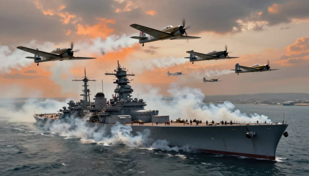 A dynamic aerial scene depicting the second wave of aircraft during the attack on Pearl Harbor. In the foreground, a formation of Japanese fighter planes swoops down, their wings glinting in the sun as smoke billows from the harbor below. The middle ground features the iconic USS Arizona memorial partially submerged in the water, with billowing smoke rising from the battleship in the background. The backdrop showcases a dramatic sky painted with hues of orange and gray, indicative of a tumultuous scene filled with conflict. The atmosphere is tense and chaotic, emphasizing the significant historical impact of the events. The composition should be dynamic, capturing the urgency and intensity of the military operation, with a slight low-angle perspective to enhance the drama of the aircraft flying overhead. A dynamic aerial scene depicting the second wave of aircraft during the attack on Pearl Harbor. In the foreground, a formation of Japanese fighter planes swoops down, their wings glinting in the sun as smoke billows from the harbor below. The middle ground features the iconic USS Arizona memorial partially submerged in the water, with billowing smoke rising from the battleship in the background. The backdrop showcases a dramatic sky painted with hues of orange and gray, indicative of a tumultuous scene filled with conflict. The atmosphere is tense and chaotic, emphasizing the significant historical impact of the events. The composition should be dynamic, capturing the urgency and intensity of the military operation, with a slight low-angle perspective to enhance the drama of the aircraft flying overhead.