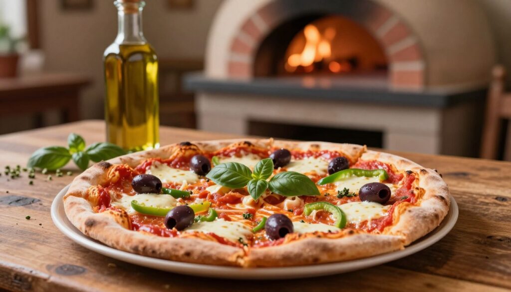 A freshly baked pizza placed on a rustic wooden table, showcasing a thin, crispy crust topped with vibrant red tomato sauce, melted mozzarella cheese, and an array of colorful toppings such as green bell peppers, Kalamata olives, and fresh basil leaves. In the foreground, a couple of slices have been cut, revealing the gooey cheese stretching invitingly. In the middle ground, a bottle of olive oil and a sprinkle of herbs add to the Italian culinary ambiance, while a brick pizza oven is softly illuminated in the background, casting warm, inviting light over the scene. The atmosphere is cozy and inviting, evoking a sense of Italian passion for food. The image should have a warm color palette, with soft focus in the background, emphasizing the delicious pizza in the foreground. A freshly baked pizza placed on a rustic wooden table, showcasing a thin, crispy crust topped with vibrant red tomato sauce, melted mozzarella cheese, and an array of colorful toppings such as green bell peppers, Kalamata olives, and fresh basil leaves. In the foreground, a couple of slices have been cut, revealing the gooey cheese stretching invitingly. In the middle ground, a bottle of olive oil and a sprinkle of herbs add to the Italian culinary ambiance, while a brick pizza oven is softly illuminated in the background, casting warm, inviting light over the scene. The atmosphere is cozy and inviting, evoking a sense of Italian passion for food. The image should have a warm color palette, with soft focus in the background, emphasizing the delicious pizza in the foreground.