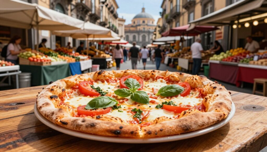A freshly made "pizza fritta" resting on a rustic wooden table, showcasing its golden, crispy exterior filled with melted mozzarella, vibrant tomatoes, and fragrant basil. In the foreground, the pizza is slightly torn open, revealing its delicious filling. The middle ground features a lively Neapolitan street market scene, with colorful stalls offering local produce and street food, creating a vibrant atmosphere. The background includes historic architecture, hinting at the rich culture of Naples, under a clear blue sky. The scene is bathed in warm, inviting natural light, evoking a sense of warmth and authenticity. The overall mood is festive and bustling, capturing the essence of street food culture in the heart of Campania.