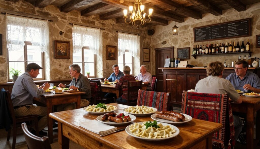 A historic interior of a traditional Polish restaurant in pre-war Warsaw, showcasing vintage decor with wooden beams, ornate chandeliers, and rich textiles. In the foreground, a beautifully set wooden table laden with authentic Polish dishes like pierogi, bigos, and kielbasa, garnished with fresh herbs. In the middle, patrons dressed in modest casual clothing are enjoying their meals, engaging in lively conversation. The warm lighting creates an inviting atmosphere, with sunlight filtering through large windows adorned with lace curtains, casting gentle shadows on the rustic stone walls. In the background, a vintage bar with aged bottles and a menu board showcasing historical dishes adds depth and authenticity to the scene, evoking nostalgia and a sense of place. A historic interior of a traditional Polish restaurant in pre-war Warsaw, showcasing vintage decor with wooden beams, ornate chandeliers, and rich textiles. In the foreground, a beautifully set wooden table laden with authentic Polish dishes like pierogi, bigos, and kielbasa, garnished with fresh herbs. In the middle, patrons dressed in modest casual clothing are enjoying their meals, engaging in lively conversation. The warm lighting creates an inviting atmosphere, with sunlight filtering through large windows adorned with lace curtains, casting gentle shadows on the rustic stone walls. In the background, a vintage bar with aged bottles and a menu board showcasing historical dishes adds depth and authenticity to the scene, evoking nostalgia and a sense of place.