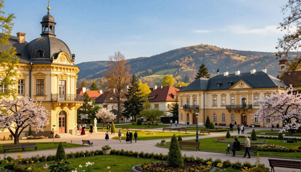 A historic view of Świeradów-Zdrój, showcasing the spa’s rich history over centuries. In the foreground, elegant 19th-century architecture of the spa buildings, with ornate balconies and domed roofs, surrounded by lush gardens in spring bloom. In the middle ground, a peaceful spa park with well-maintained paths and charming benches, where visitors stroll in period-appropriate clothing, reflecting a sense of relaxation and rejuvenation. In the background, rolling hills of the Izera Mountains under a clear blue sky, with light golden sunlight filtering through the trees. Capture a warm, inviting atmosphere, emphasizing the therapeutic essence of this spa town, using a wide-angle lens to enhance depth. The overall mood should be serene and nostalgic, evoking the charm of a bygone era.