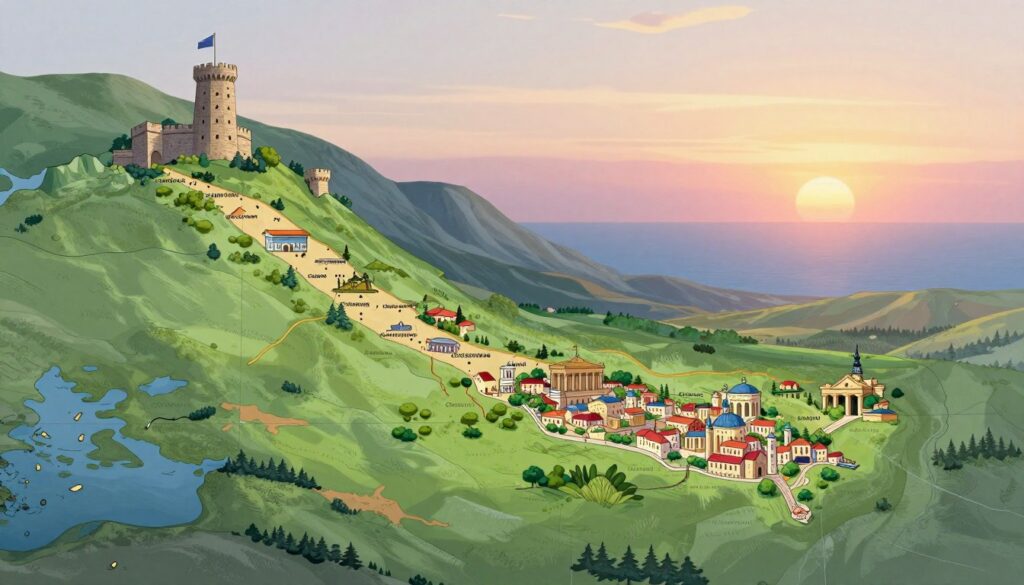 A historical map of Crimea, showcasing its strategic location with vivid details. In the foreground, prominent landmarks like the Swallow's Nest and the ancient city of Chersonesus, illustrated in an artistic style. In the middle ground, lush green landscapes and mountainous terrain symbolize the rich geography. The background features a soft, pastel sunset casting warm light over the Black Sea, creating a tranquil atmosphere. The scene is viewed from an elevated angle, giving a broad perspective of Crimea’s topography and historical significance. The overall mood should evoke a sense of exploration and cultural depth, with gentle, diffused lighting enhancing the historical ambiance. A historical map of Crimea, showcasing its strategic location with vivid details. In the foreground, prominent landmarks like the Swallow's Nest and the ancient city of Chersonesus, illustrated in an artistic style. In the middle ground, lush green landscapes and mountainous terrain symbolize the rich geography. The background features a soft, pastel sunset casting warm light over the Black Sea, creating a tranquil atmosphere. The scene is viewed from an elevated angle, giving a broad perspective of Crimea’s topography and historical significance. The overall mood should evoke a sense of exploration and cultural depth, with gentle, diffused lighting enhancing the historical ambiance.