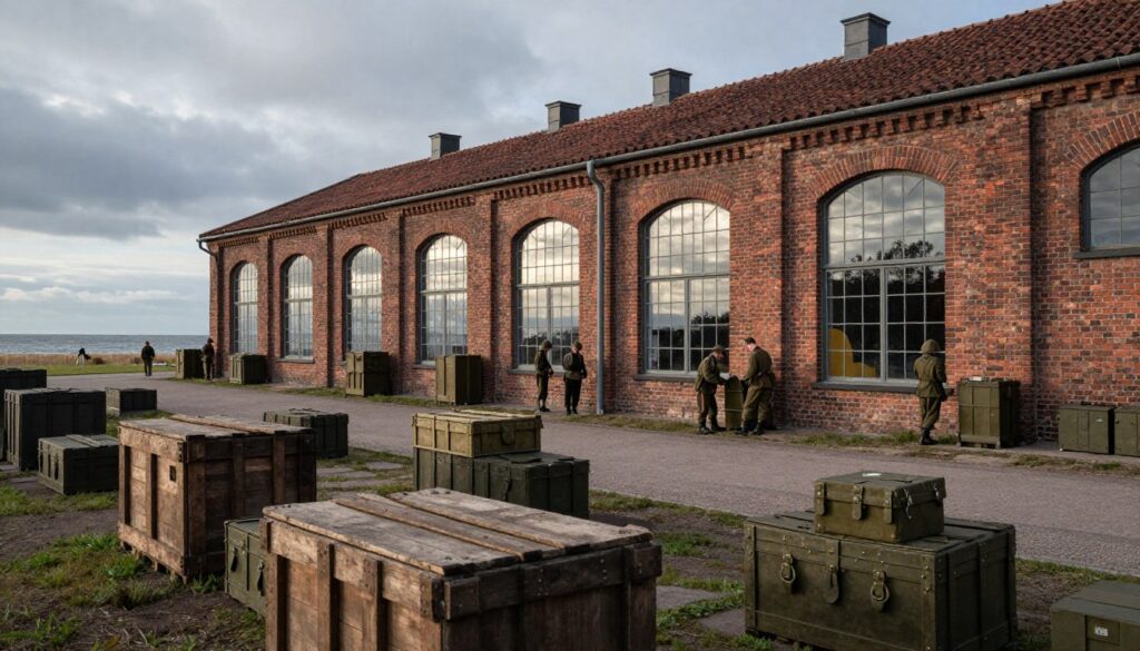 A historical military transit depot at Westerplatte, Poland, showcasing early 20th-century architecture. The foreground features rugged wooden crates and military supplies, arranged thoughtfully. In the middle ground, an imposing brick warehouse stands, with its large arched windows reflecting the cloudy sky. Soldiers in period-appropriate uniforms are engaged in organized activity, preparing supplies for shipment. The background displays a somber landscape of the Baltic Sea, with muted hues of gray and blue, adding to the atmosphere of historical significance. The scene is captured in soft morning light, highlighting the details of the architecture and the urgency of the moment. The composition should utilize a slightly elevated angle to provide a sense of depth and context to the location.