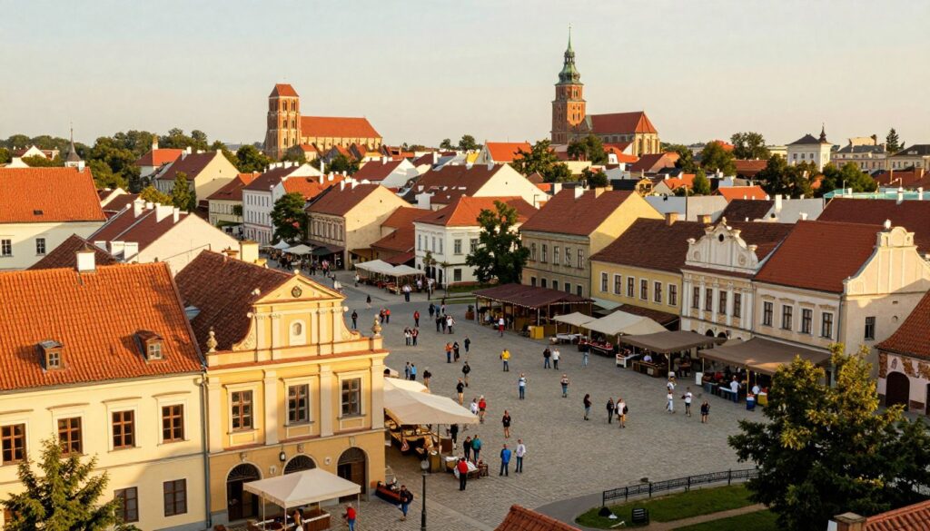 A historical representation of Ostrów Wielkopolski, showcasing its architectural evolution and cultural heritage. In the foreground, include traditional buildings with distinct facades, adorned with details that reflect the region's history. The middle ground should feature a bustling market square, illustrating community life, with people in modest casual clothing engaging in daily activities. The background should depict landmarks like the Cathedral of St. Stanislaus and historical townhouses, with trees lining the streets. Use warm, golden-hour lighting to create an inviting atmosphere, while soft shadows enhance depth. Capture the scene from a slight elevation, giving an expansive view of the town's layout. The overall mood should evoke a sense of nostalgia and pride in the rich history of Ostrów Wielkopolski. A historical representation of Ostrów Wielkopolski, showcasing its architectural evolution and cultural heritage. In the foreground, include traditional buildings with distinct facades, adorned with details that reflect the region's history. The middle ground should feature a bustling market square, illustrating community life, with people in modest casual clothing engaging in daily activities. The background should depict landmarks like the Cathedral of St. Stanislaus and historical townhouses, with trees lining the streets. Use warm, golden-hour lighting to create an inviting atmosphere, while soft shadows enhance depth. Capture the scene from a slight elevation, giving an expansive view of the town's layout. The overall mood should evoke a sense of nostalgia and pride in the rich history of Ostrów Wielkopolski.