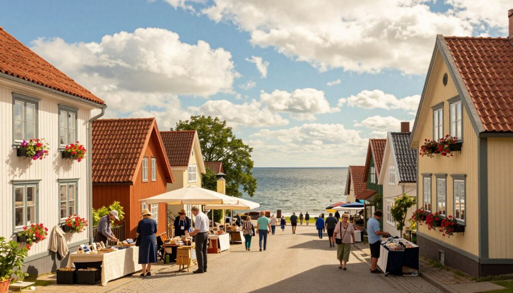 A historical view of Ustronie Morskie, showcasing its charming architecture and rich heritage. In the foreground, a picturesque street lined with well-preserved seaside cottages, featuring traditional Polish design with colorful facades and flower boxes. The middle ground includes a local market scene with villagers dressed in modest, casual clothing, interacting and selling local crafts. In the background, the calm Baltic Sea shimmers under a bright blue sky with soft, fluffy clouds. The scene is illuminated by warm, golden sunlight, creating a nostalgic and inviting atmosphere. Shot at eye level, with a slightly wide-angle lens to capture the vibrancy of the town and its history, evoking a sense of warmth and community spirit. A historical view of Ustronie Morskie, showcasing its charming architecture and rich heritage. In the foreground, a picturesque street lined with well-preserved seaside cottages, featuring traditional Polish design with colorful facades and flower boxes. The middle ground includes a local market scene with villagers dressed in modest, casual clothing, interacting and selling local crafts. In the background, the calm Baltic Sea shimmers under a bright blue sky with soft, fluffy clouds. The scene is illuminated by warm, golden sunlight, creating a nostalgic and inviting atmosphere. Shot at eye level, with a slightly wide-angle lens to capture the vibrancy of the town and its history, evoking a sense of warmth and community spirit.