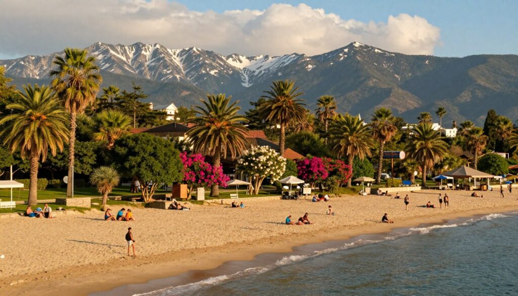 A lush sub-tropical climate scene depicting the vibrancy of Sochi, Russia, along the Black Sea. In the foreground, a serene beach with soft golden sands and gentle waves lapping the shore, dotted with families enjoying the warm sun in modest casual clothing. The middle ground features lush greenery with palm trees and vibrant flowering plants typical of a sub-tropical environment, creating a warm, inviting atmosphere. In the background, the majestic Caucasus Mountains rise, dusted with white snow, contrasting with the blue sky and soft, fluffy clouds. The lighting is warm and golden, reminiscent of a late afternoon glow, enhancing the peaceful and inviting mood of the scene, captured from a slight aerial angle to showcase the full beauty of the coastline and foliage.