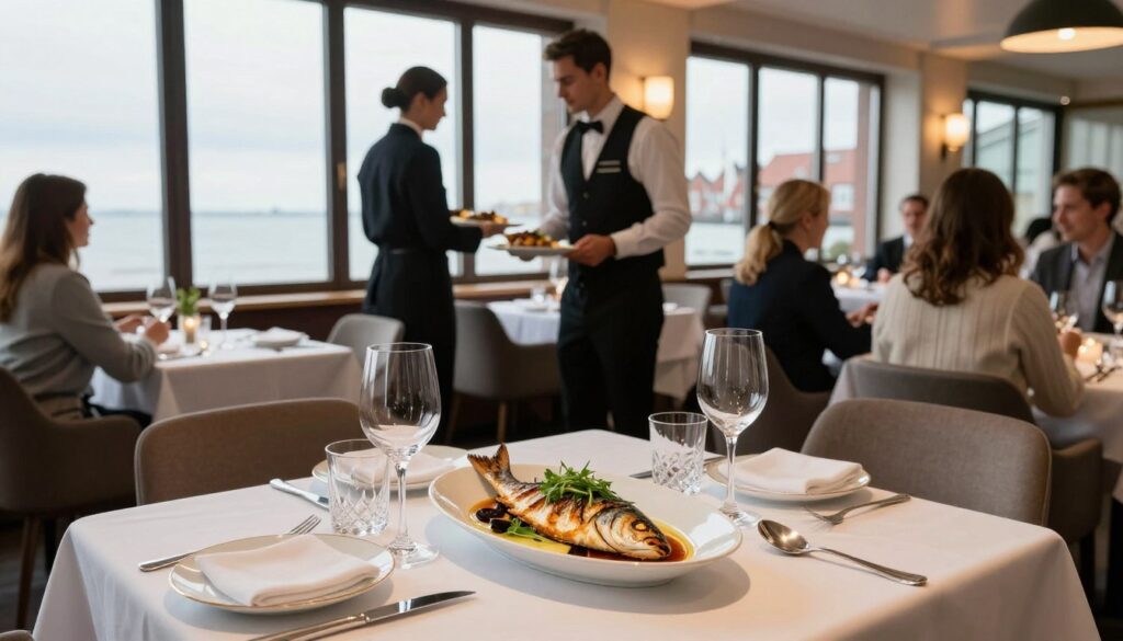 A luxurious hotel restaurant setting in Gdańsk, showcasing an elegant dining experience with a focus on local seafood. In the foreground, a beautifully arranged table with fine china and crystal glassware, featuring an exquisite dish of grilled fish garnished with fresh herbs. The middle ground includes attentive staff dressed in professional attire, serving customers in a warm and inviting atmosphere. In the background, large windows overlook a picturesque view of the seaside, with soft natural light streaming in, enhancing the inviting ambiance. The overall mood is sophisticated yet relaxed, reflecting the charm of dining by the sea. The composition captures the essence of culinary excellence in Gdańsk, with an emphasis on local flavors and a coastal vibe.