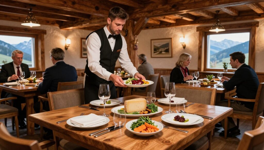 A luxurious hotel restaurant table set for an elegant dining experience, featuring traditional Podhale dishes artfully arranged. In the foreground, a beautifully crafted wooden table adorned with polished cutlery and vintage tableware, showcasing regional specialties like oscypek cheese and mountain herbs. In the middle, wait staff in smart, modest attire serve gourmet meals to patrons, who are enjoying the ambience. The background reveals rustic wooden beams and warm, inviting lighting, creating a cozy atmosphere reminiscent of the Tatra Mountains. A window offers a glimpse of stunning mountain views, enhancing the sense of place. The angle captures a wide perspective to emphasize the restaurant’s elegance and rich cultural heritage, radiating warmth and sophistication. A luxurious hotel restaurant table set for an elegant dining experience, featuring traditional Podhale dishes artfully arranged. In the foreground, a beautifully crafted wooden table adorned with polished cutlery and vintage tableware, showcasing regional specialties like oscypek cheese and mountain herbs. In the middle, wait staff in smart, modest attire serve gourmet meals to patrons, who are enjoying the ambience. The background reveals rustic wooden beams and warm, inviting lighting, creating a cozy atmosphere reminiscent of the Tatra Mountains. A window offers a glimpse of stunning mountain views, enhancing the sense of place. The angle captures a wide perspective to emphasize the restaurant’s elegance and rich cultural heritage, radiating warmth and sophistication.