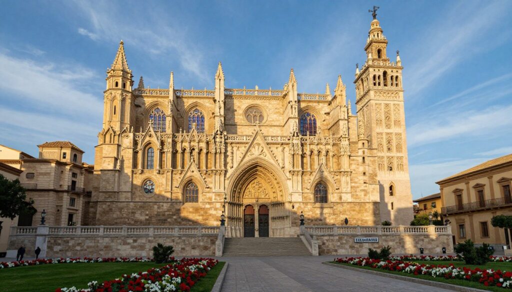 A majestic view of "Katedra w Walencji," showcasing its intricate Gothic architecture and the iconic Miguelete Tower. In the foreground, a beautifully landscaped plaza with vibrant flowers and stone pathways leading up to the cathedral entrance. The middle ground features the cathedral's ornate façade, with detailed carvings and stained glass windows reflecting soft sunlight. The background includes a clear blue sky with wispy clouds, enhancing the cathedral's grandeur. The scene is bathed in warm, golden hour lighting, casting long shadows and highlighting the textures of the stone. The atmosphere is serene and inviting, ideal for a peaceful exploration of Valencia's historical treasures.