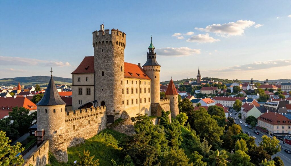 A majestic view of Špilberk Castle, perched atop a hill overlooking the city of Brno, surrounded by lush greenery. In the foreground, include the castle's imposing stone walls and towers, showcasing its medieval architecture with intricate details. The middle ground reveals the cityscape of Brno, with its distinct rooftops and bustling streets, bathed in warm golden sunlight of late afternoon. The background features distant hills under a clear blue sky with soft clouds. The scene conveys a rich historical atmosphere, evoking a sense of resilience and heritage. Use soft lighting to highlight the textures of the stone and the vibrant colors of the surrounding landscape. Aim for a balanced composition, with an inviting yet dignified mood that reflects the castle's enduring legacy. A majestic view of Špilberk Castle, perched atop a hill overlooking the city of Brno, surrounded by lush greenery. In the foreground, include the castle's imposing stone walls and towers, showcasing its medieval architecture with intricate details. The middle ground reveals the cityscape of Brno, with its distinct rooftops and bustling streets, bathed in warm golden sunlight of late afternoon. The background features distant hills under a clear blue sky with soft clouds. The scene conveys a rich historical atmosphere, evoking a sense of resilience and heritage. Use soft lighting to highlight the textures of the stone and the vibrant colors of the surrounding landscape. Aim for a balanced composition, with an inviting yet dignified mood that reflects the castle's enduring legacy.