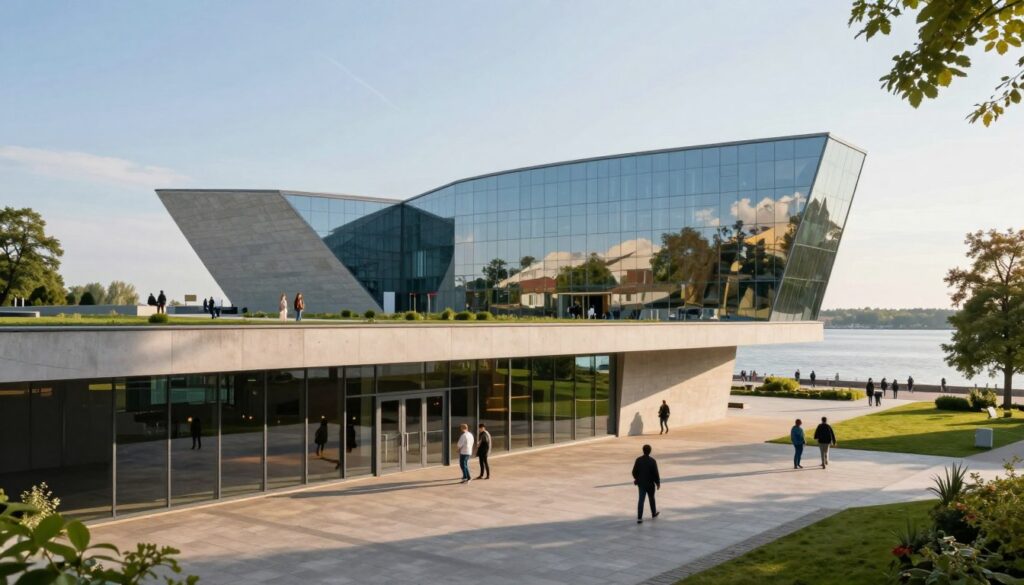 A modern architectural museum dedicated to the historical significance of Westerplatte. The foreground features a sleek entrance with large glass doors and a welcoming plaza, where visitors casually explore. In the middle ground, the main building showcases a contemporary design with sharp angles and a façade made of reflective materials that elegantly mirrors the surrounding landscape. The background includes lush greenery and the calm waters of Gdańsk Bay, symbolizing tranquility and remembrance. Morning sunlight casts a warm glow, creating soft shadows across the scene, enhancing the inviting atmosphere. The lens perspective is slightly elevated, capturing both the structure and its context. The mood emphasizes innovation and respect for history, reflecting the museum's purpose. No people are included to maintain focus on the architecture.