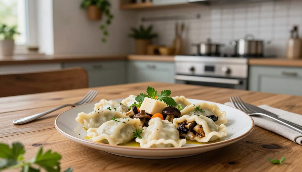 A modern interpretation of traditional Silesian cuisine, featuring a beautifully arranged plate of pierogi with inventive fillings such as wild mushrooms and gourmet cheeses. The foreground showcases a vibrant, artfully presented meal, with fresh herbs and garnishes adding color. In the middle ground, a rustic wooden table set with elegant cutlery complements the dish, giving a nod to both tradition and modernity. The background features a softly lit, contemporary kitchen, with stylish elements like hanging plants and stainless steel appliances, creating a warm, inviting atmosphere. Soft, natural lighting enhances the colors of the food, capturing the essence of Silesian flavors in a modern context. The overall mood is cozy yet sophisticated, showcasing a culinary experience that is both rooted in tradition and visually striking. A modern interpretation of traditional Silesian cuisine, featuring a beautifully arranged plate of pierogi with inventive fillings such as wild mushrooms and gourmet cheeses. The foreground showcases a vibrant, artfully presented meal, with fresh herbs and garnishes adding color. In the middle ground, a rustic wooden table set with elegant cutlery complements the dish, giving a nod to both tradition and modernity. The background features a softly lit, contemporary kitchen, with stylish elements like hanging plants and stainless steel appliances, creating a warm, inviting atmosphere. Soft, natural lighting enhances the colors of the food, capturing the essence of Silesian flavors in a modern context. The overall mood is cozy yet sophisticated, showcasing a culinary experience that is both rooted in tradition and visually striking.