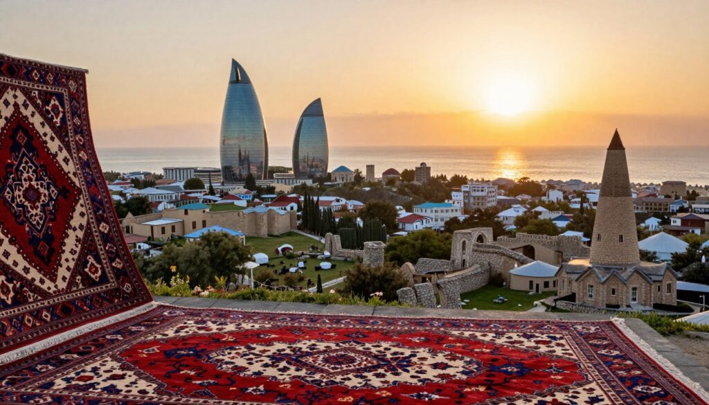 A panoramic view of Azerbaijan's diverse landscape, blending elements from both Europe and Asia with an emphasis on historical architecture and cultural symbols. In the foreground, depict a traditional Azerbaijani carpet displayed artistically, highlighting intricate patterns and vibrant colors. In the middle ground, capture a captivating scene featuring the iconic Flame Towers skyline juxtaposed with ancient ruins, such as the Maiden Tower and stone castles, symbolizing the country's rich history. The background should feature the Caspian Sea shimmering under a radiant sunset, casting warm golden light across the landscape. Use a soft focus effect to create a dreamy atmosphere while ensuring the scene is lively, representing the confluence of cultures. Aim for a balanced composition, evoking a sense of wonder and appreciation for Azerbaijan's vibrant heritage. A panoramic view of Azerbaijan's diverse landscape, blending elements from both Europe and Asia with an emphasis on historical architecture and cultural symbols. In the foreground, depict a traditional Azerbaijani carpet displayed artistically, highlighting intricate patterns and vibrant colors. In the middle ground, capture a captivating scene featuring the iconic Flame Towers skyline juxtaposed with ancient ruins, such as the Maiden Tower and stone castles, symbolizing the country's rich history. The background should feature the Caspian Sea shimmering under a radiant sunset, casting warm golden light across the landscape. Use a soft focus effect to create a dreamy atmosphere while ensuring the scene is lively, representing the confluence of cultures. Aim for a balanced composition, evoking a sense of wonder and appreciation for Azerbaijan's vibrant heritage.