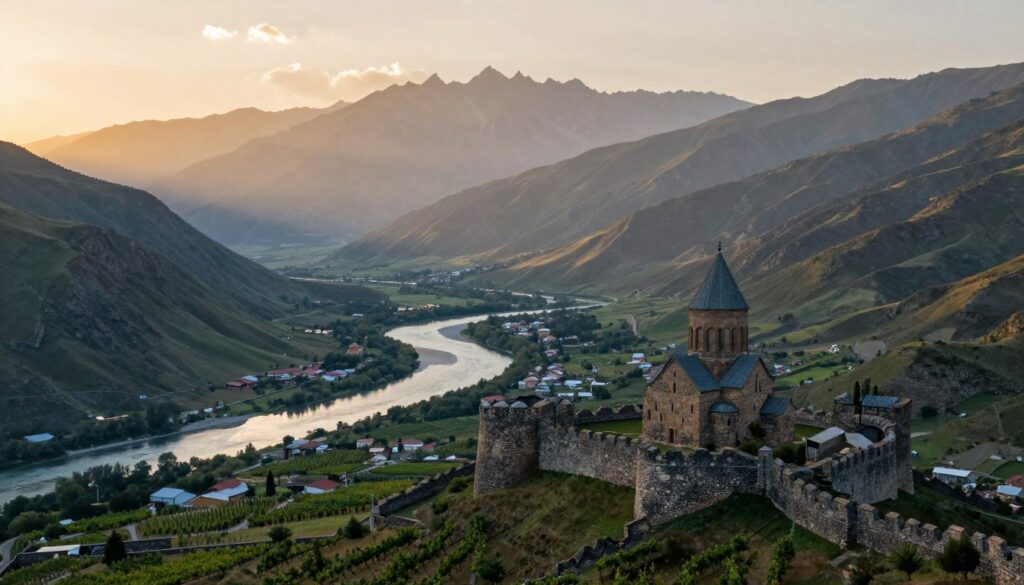 A panoramic view of Georgia's stunning landscapes, showcasing a blend of ancient architecture and lush, mountainous terrain. In the foreground, a traditional stone fortress stands majestically against a backdrop of rolling hills and vineyards, symbolizing the historical crossroads of civilizations. The middle ground reveals a peaceful valley with a winding river reflecting the soft, golden light of a setting sun, casting warm hues across the scene. The background features the towering peaks of the Caucasus Mountains, partially shrouded in mist, adding a sense of grandeur and mystery. The atmosphere is tranquil yet rich with history, evoking a sense of wonder and appreciation for the region's cultural legacy. The image should have a soft focus, creating a dreamlike quality that invites exploration. A panoramic view of Georgia's stunning landscapes, showcasing a blend of ancient architecture and lush, mountainous terrain. In the foreground, a traditional stone fortress stands majestically against a backdrop of rolling hills and vineyards, symbolizing the historical crossroads of civilizations. The middle ground reveals a peaceful valley with a winding river reflecting the soft, golden light of a setting sun, casting warm hues across the scene. The background features the towering peaks of the Caucasus Mountains, partially shrouded in mist, adding a sense of grandeur and mystery. The atmosphere is tranquil yet rich with history, evoking a sense of wonder and appreciation for the region's cultural legacy. The image should have a soft focus, creating a dreamlike quality that invites exploration.