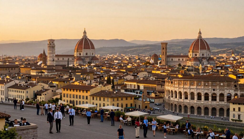 A panoramic view of Italy's largest cities, showcasing vibrant urban landscapes. In the foreground, bustling streets filled with tourists exploring historical landmarks like the Colosseum and the Leaning Tower of Pisa, people in professional business attire and casual clothing enjoying the sights. In the middle ground, iconic architecture like Venetian canals and Florentine plazas, with outdoor cafés inviting visitors to sit and soak in the atmosphere. The background features softly lit hills of Tuscany under a warm sunset sky, creating a peaceful and inviting mood. Capture this scene with a wide-angle lens, emphasizing depth and clarity, while ensuring warm, golden lighting enhances the picturesque scene, evoking a sense of wanderlust and cultural richness.