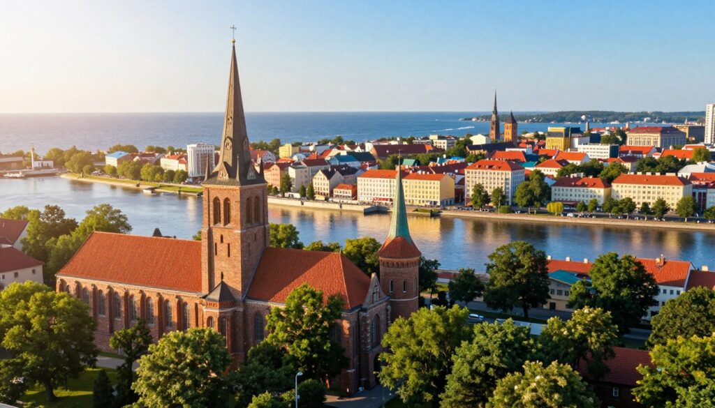 A panoramic view of Kaliningrad, capturing the historical evolution from its roots as Königsberg. In the foreground, display the iconic Königsberg Cathedral, with its red brick architecture highlighted by warm afternoon sunlight, surrounded by lush green trees. In the middle ground, illustrate the wide, serene Pregolya River, reflecting the vibrant colors of nearby buildings. In the background, include the silhouette of the Baltic Sea, with gentle waves lapping against the shore, under a clear blue sky. Use a soft focus to evoke a sense of nostalgia and tranquility, with a slight lens flare effect that enhances the warmth of the scene. Aim for a peaceful and contemplative atmosphere to reflect the city’s rich history and cultural significance.