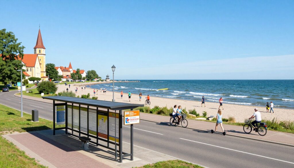 A panoramic view of Krynica Morska, showcasing its charming coastal landscape and striking architecture. In the foreground, a well-organized bus station equipped with modern public transport options and signs indicating routes to key attractions along the Vistula Spit. In the middle ground, families and tourists navigate the area with bicycles and scooters, promoting local transport methods. The background features the tranquil Baltic Sea, with soft waves lapping against the shore under a clear blue sky, enhancing a sense of calm and adventure. Bright, natural sunlight illuminates the scene, casting soft shadows and creating vibrant colors. The atmosphere is lively yet relaxed, inviting visitors to explore this beautiful location.