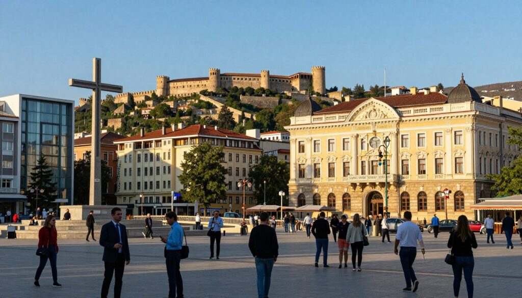 A panoramic view of Skopje, showcasing its unique architectural blend of modern and historical styles. In the foreground, a bustling city square filled with people in professional and casual attire, interacting and enjoying the vibrant atmosphere. The middle ground features iconic landmarks like the Millennium Cross, the Stone Bridge, and ornate neoclassical buildings, all bathed in warm, golden sunlight, enhancing their intricate details. In the background, the historic fortress of Kale stands majestically against a clear blue sky. The composition captures a late afternoon ambiance, with long shadows and a sense of lively urban energy, inviting viewers to experience the architectural diversity of Skopje. A panoramic view of Skopje, showcasing its unique architectural blend of modern and historical styles. In the foreground, a bustling city square filled with people in professional and casual attire, interacting and enjoying the vibrant atmosphere. The middle ground features iconic landmarks like the Millennium Cross, the Stone Bridge, and ornate neoclassical buildings, all bathed in warm, golden sunlight, enhancing their intricate details. In the background, the historic fortress of Kale stands majestically against a clear blue sky. The composition captures a late afternoon ambiance, with long shadows and a sense of lively urban energy, inviting viewers to experience the architectural diversity of Skopje.