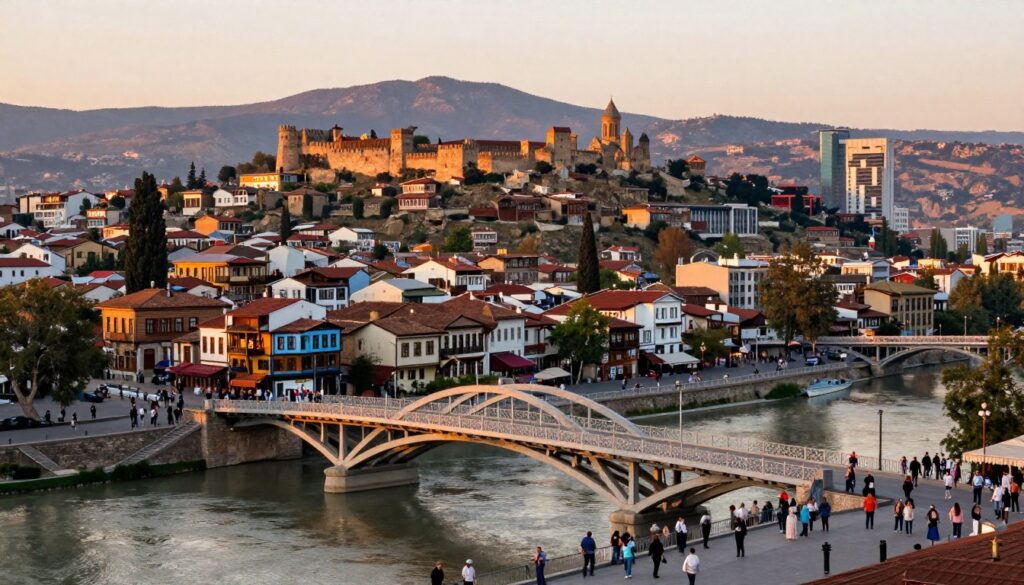 A panoramic view of Tbilisi, the vibrant capital of Georgia, with its mix of historic and modern architecture. In the foreground, the iconic Bridge of Peace gracefully arches over the Kura River, reflecting the sunset hues. In the middle ground, the quaint Old Town showcases colorful balconies and traditional houses, alongside the modern structures rising in the background. The backdrop features the impressive Narikala Fortress perched on a hill, framed by the stunning Caucasus Mountains. Soft, warm lighting creates a welcoming atmosphere, highlighting the bustling streets filled with people in modest casual clothing, enjoying the lively ambiance. Capture this at a slightly elevated angle to encapsulate the beauty of Tbilisi’s landscape and its rich cultural heritage. A panoramic view of Tbilisi, the vibrant capital of Georgia, with its mix of historic and modern architecture. In the foreground, the iconic Bridge of Peace gracefully arches over the Kura River, reflecting the sunset hues. In the middle ground, the quaint Old Town showcases colorful balconies and traditional houses, alongside the modern structures rising in the background. The backdrop features the impressive Narikala Fortress perched on a hill, framed by the stunning Caucasus Mountains. Soft, warm lighting creates a welcoming atmosphere, highlighting the bustling streets filled with people in modest casual clothing, enjoying the lively ambiance. Capture this at a slightly elevated angle to encapsulate the beauty of Tbilisi’s landscape and its rich cultural heritage.