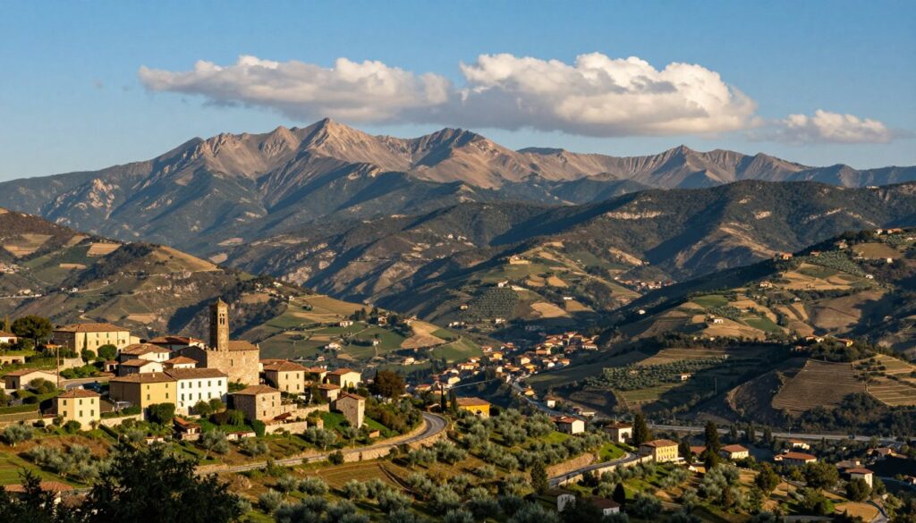 A panoramic view of the Apennine Peninsula, showcasing its rugged mountainous terrain and lush valleys. In the foreground, distinct political enclaves highlighted by charming medieval villages, each with unique architectural styles, nestled against rolling hills. In the middle ground, a winding road traversing through the landscape, dotted with greenery and occasional olive groves, leading towards a vibrant town. The background features majestic mountains under a clear blue sky with soft, fluffy clouds. The lighting is warm and inviting, casting gentle shadows that emphasize the natural beauty of the region. The atmosphere is serene and picturesque, reflecting the cultural and geographical significance of the peninsula within Italy.