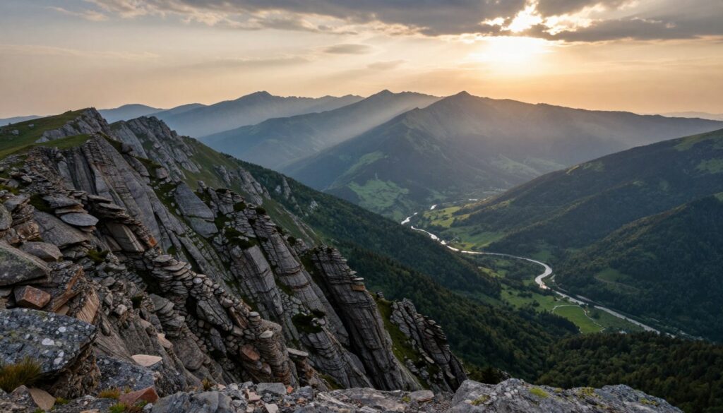 A panoramic view of the Carpathian Mountains showcasing their geological features in stunning detail. In the foreground, a rugged mountain ridge with exposed rock layers reveals the complex geology, featuring sedimentary and metamorphic rocks. The middle ground displays lush green valleys and winding rivers, illustrating the natural beauty of the region. The background is dominated by majestic peaks, shrouded in mist, under a dramatic sky with soft golden light illuminating the scene during sunset. Capture the atmosphere of serenity and grandeur, emphasizing the ancient geological history of the Carpathians with a wide-angle perspective that invites viewers to explore this unique mountain range.