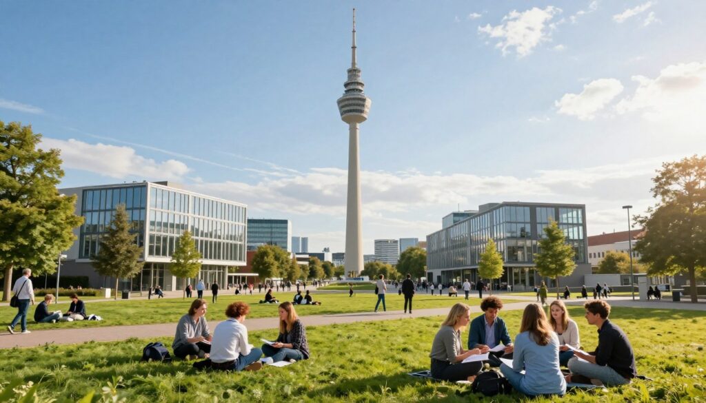 A panoramic view of the Fernsehturm Stuttgart, the iconic television tower, surrounded by a vibrant scientific landscape. In the foreground, lush green parks with researchers and students in smart casual attire discussing ideas. The middle ground features innovative architectural buildings symbolizing education and research, showcasing modern designs with large glass panels. The background captures the Stuttgart skyline under a bright blue sky, radiating a sense of optimism and progress. Soft sunlight illuminates the scene, creating a warm and inviting atmosphere that evokes creativity and collaboration. The overall mood is dynamic and inspirational, reflecting Stuttgart's importance as a scientific center in Baden-Württemberg.