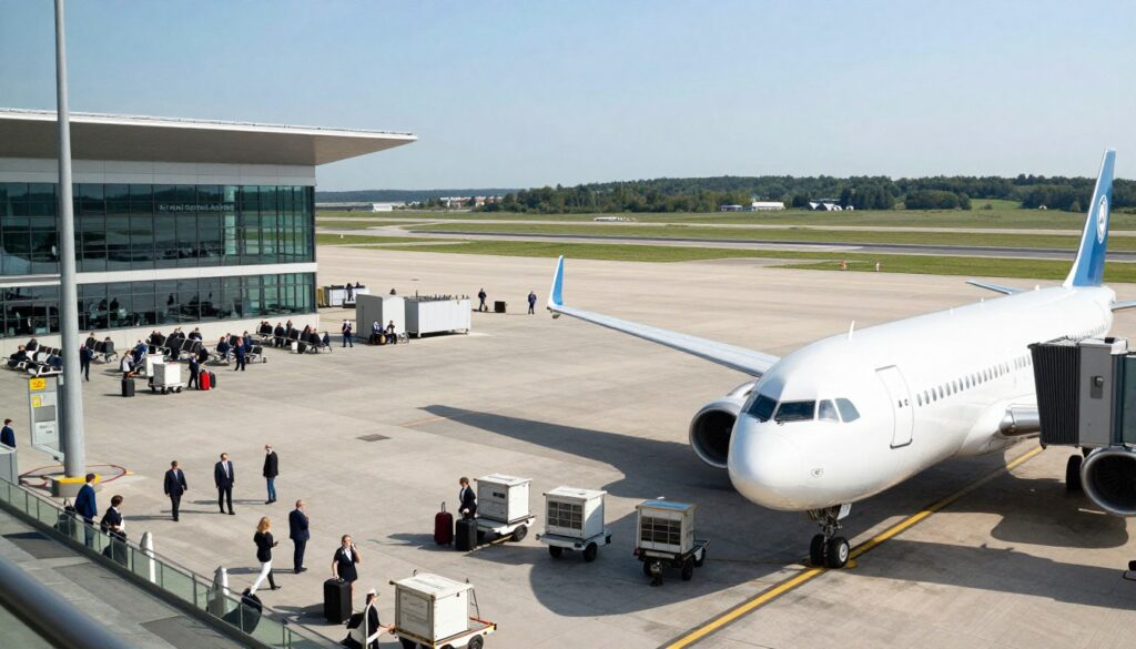 A panoramic view of the Warsaw-Radom Airport, showcasing its modern architecture and bustling atmosphere. In the foreground, a sleek airplane is poised on the tarmac, with luggage carts nearby, emphasizing the airport's operational efficiency. The middle ground features passengers dressed in professional attire, waiting at the terminal, and airport staff assisting travelers, conveying a sense of movement and purpose. In the background, expansive runways stretch towards the horizon, with green fields and distant hills under a clear blue sky. Sunlight gently illuminates the scene, creating a bright and inviting atmosphere. The angle captures the airport's scale and connectivity, reflecting its role as a vital transportation hub in Poland. A panoramic view of the Warsaw-Radom Airport, showcasing its modern architecture and bustling atmosphere. In the foreground, a sleek airplane is poised on the tarmac, with luggage carts nearby, emphasizing the airport's operational efficiency. The middle ground features passengers dressed in professional attire, waiting at the terminal, and airport staff assisting travelers, conveying a sense of movement and purpose. In the background, expansive runways stretch towards the horizon, with green fields and distant hills under a clear blue sky. Sunlight gently illuminates the scene, creating a bright and inviting atmosphere. The angle captures the airport's scale and connectivity, reflecting its role as a vital transportation hub in Poland.
