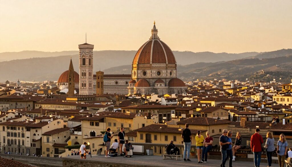 A panoramic view of the significant historical landmarks in the center of Florence, Italy, featuring the iconic Duomo di Firenze with its majestic dome rising above the bustling bustling piazza. In the foreground, capture vibrant street life with people in modest casual clothing enjoying the atmosphere. The middle ground should highlight the ornate façade of the Baptistery of St. John and the tall, elegant Giotto's Campanile. In the background, the rolling hills of Tuscany under a golden sunset cast warm light across the scene, creating a nostalgic and inviting atmosphere. Use a wide-angle lens for depth, emphasizing both grandeur and intimate details. The mood should be lively yet serene, reflecting the Renaissance spirit of this beautiful city.