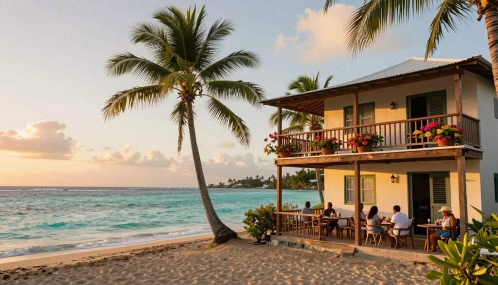 A picturesque Caribbean accommodation scene set in Martinique, showcasing charming local lodging options. In the foreground, a cozy beachfront guesthouse with wooden balconies adorned with colorful flowers. Guests in modest casual clothing can be seen enjoying the view from the deck, sipping drinks. The middle ground features palm trees swaying gently in the breeze, offering a touch of tropical paradise. In the background, turquoise waters glisten under a warm sunset, casting golden hues across the sky. Soft, diffused lighting enhances the welcoming atmosphere, while a wide-angle perspective captures the inviting landscape. The overall mood is tranquil and relaxing, embodying the essence of an ideal holiday retreat in paradise.