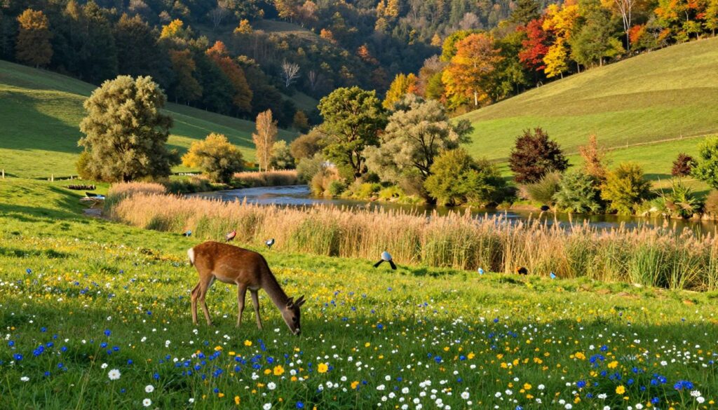 A picturesque German landscape showcasing the diverse flora and fauna common to the region. In the foreground, vibrant wildflowers in hues of blue, yellow, and white dot a lush green meadow, with a small brown deer grazing. The middle ground features a tranquil riverbank lined with tall, swaying reeds, and a few colorful birds perched nearby. In the background, gentle rolling hills lead up to steep, forested slopes, where ancient trees intermingle with patches of colorful foliage, illustrating the transition from summer to autumn. The scene is bathed in warm, golden afternoon sunlight, casting soft shadows and creating a serene and inviting atmosphere. The angle is slightly elevated, allowing for a sweeping view of this idyllic setting without any human presence, ensuring a focus on natural beauty. A picturesque German landscape showcasing the diverse flora and fauna common to the region. In the foreground, vibrant wildflowers in hues of blue, yellow, and white dot a lush green meadow, with a small brown deer grazing. The middle ground features a tranquil riverbank lined with tall, swaying reeds, and a few colorful birds perched nearby. In the background, gentle rolling hills lead up to steep, forested slopes, where ancient trees intermingle with patches of colorful foliage, illustrating the transition from summer to autumn. The scene is bathed in warm, golden afternoon sunlight, casting soft shadows and creating a serene and inviting atmosphere. The angle is slightly elevated, allowing for a sweeping view of this idyllic setting without any human presence, ensuring a focus on natural beauty.