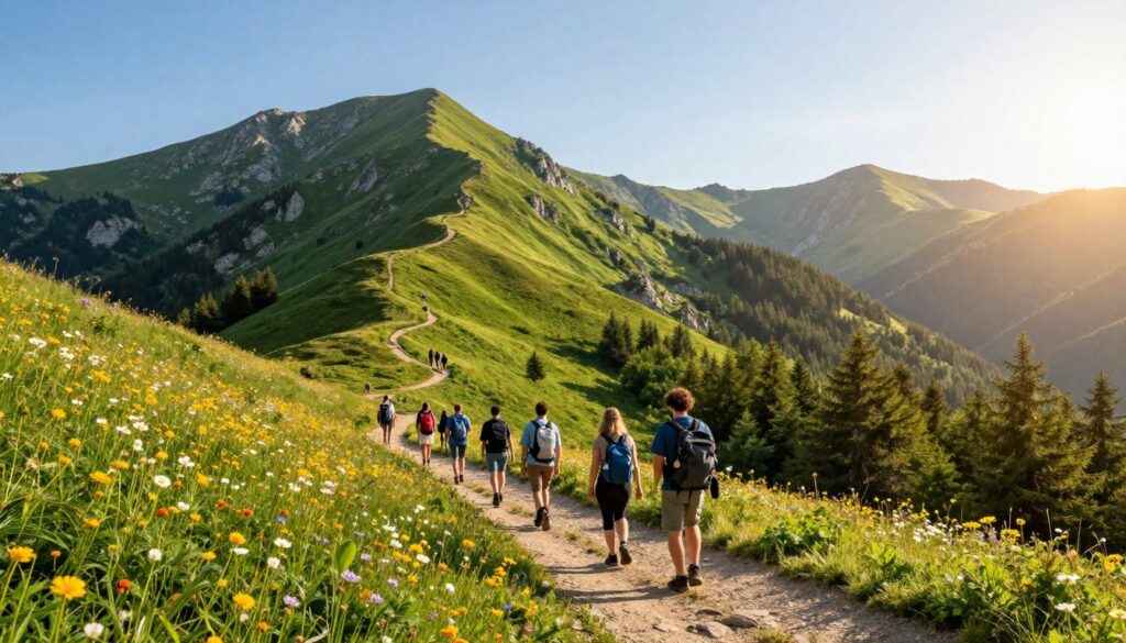 A picturesque hiking trail winding through the lush Pieniny Mountains, lined with vibrant wildflowers in full bloom. In the foreground, a group of hikers, dressed in modest outdoor gear, pause to take in the breathtaking view. The middle ground features towering, green-topped hills, with rocky peaks silhouetted against a clear blue sky. In the background, the gentle curves of the landscape create a sense of depth and exploration. Soft, golden sunlight filters through the trees, casting a warm glow over the scene, evoking a sense of adventure and tranquility. The overall mood captures the essence of active relaxation in nature, inviting viewers to envision their own journey through these beautiful trails. A picturesque hiking trail winding through the lush Pieniny Mountains, lined with vibrant wildflowers in full bloom. In the foreground, a group of hikers, dressed in modest outdoor gear, pause to take in the breathtaking view. The middle ground features towering, green-topped hills, with rocky peaks silhouetted against a clear blue sky. In the background, the gentle curves of the landscape create a sense of depth and exploration. Soft, golden sunlight filters through the trees, casting a warm glow over the scene, evoking a sense of adventure and tranquility. The overall mood captures the essence of active relaxation in nature, inviting viewers to envision their own journey through these beautiful trails.