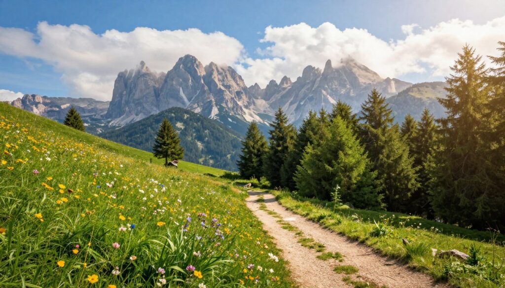 A picturesque mountain landscape featuring scenic hiking trails in a lush green forest. In the foreground, a well-worn path lined with vibrant wildflowers and patches of soft grass invites hikers to explore. The middle ground showcases towering, rugged mountains with craggy peaks partially covered in mist, suggesting an early morning ambiance. In the background, a bright blue sky with fluffy white clouds enhances the tranquil atmosphere. The lighting is bright and warm, giving a sense of a sunny day perfect for outdoor adventures. The overall mood is peaceful and inviting, perfect for showcasing the beauty of mountain trails in the vicinity of a spa town. A picturesque mountain landscape featuring scenic hiking trails in a lush green forest. In the foreground, a well-worn path lined with vibrant wildflowers and patches of soft grass invites hikers to explore. The middle ground showcases towering, rugged mountains with craggy peaks partially covered in mist, suggesting an early morning ambiance. In the background, a bright blue sky with fluffy white clouds enhances the tranquil atmosphere. The lighting is bright and warm, giving a sense of a sunny day perfect for outdoor adventures. The overall mood is peaceful and inviting, perfect for showcasing the beauty of mountain trails in the vicinity of a spa town.