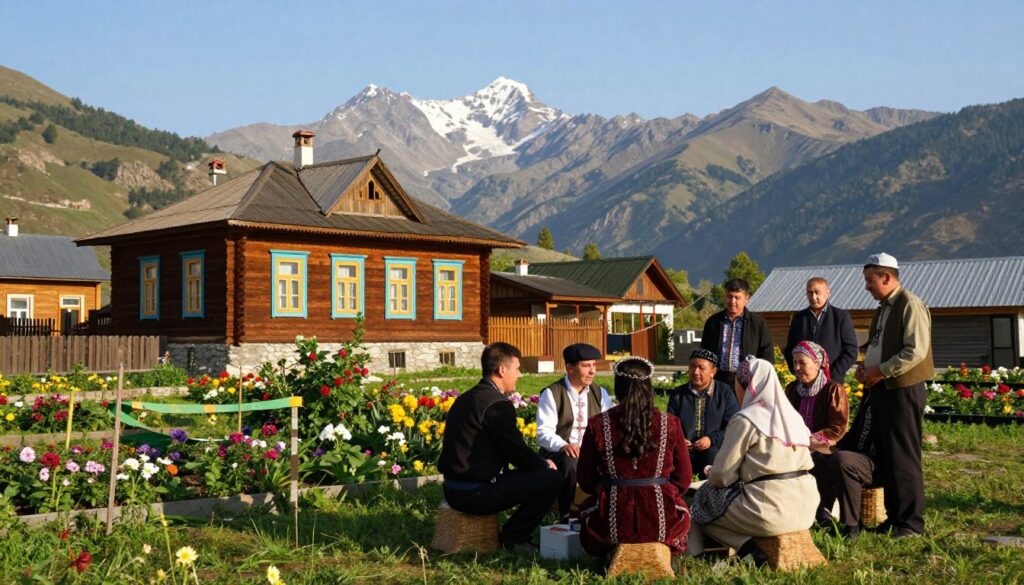 A picturesque scene depicting the daily life of Chechen residents in a vibrant village setting. In the foreground, a group of men and women dressed in traditional, modest clothing engage in friendly conversation, showcasing a sense of community. In the middle ground, a traditional wooden house with colored window frames typical of Chechen architecture stands next to a well-tended garden filled with colorful flowers. The background features the majestic Caucasus mountains, under a clear blue sky, enhancing the natural beauty of the region. Soft, warm lighting casts gentle shadows, creating an inviting atmosphere that reflects the richness of Chechen culture and daily life. Capture this scene with a wide-angle lens to include the expansive landscape and the warmth of human connection.