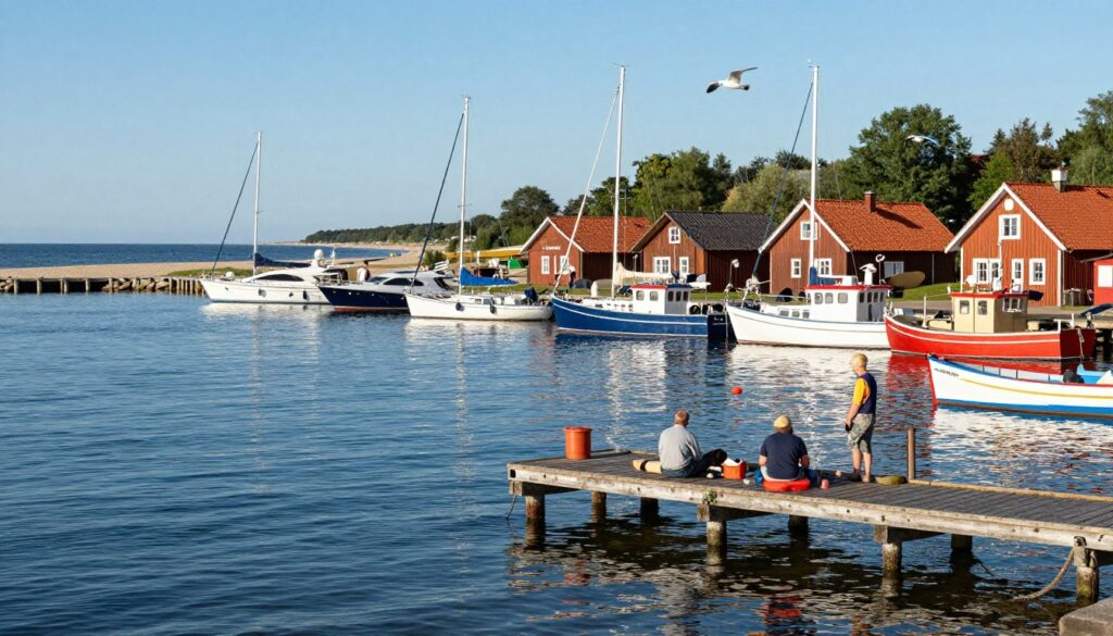 A picturesque scene of "Port Rybacki i Marina" in Łeba, showcasing a vibrant fishing port with colorful boats gently bobbing in the water. In the foreground, a rustic wooden dock extends into the sparkling blue of the Baltic Sea, with fishermen at work and seagulls soaring overhead. The middle ground features a bustling marina filled with sleek yachts and sailboats, reflecting the warm sunlight. The background showcases a serene coastline with soft sandy beaches and lush greenery under a clear blue sky. The lighting is bright and natural, emphasizing the tranquil yet lively atmosphere of a summer day. This composition captures the essence of a charming coastal getaway.