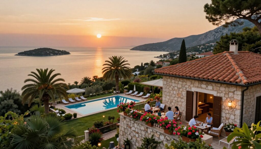 A picturesque scene of a cozy accommodation in Central Dalmatia, surrounded by lush Mediterranean greenery. In the foreground, a charming stone villa with terracotta roof tiles, adorned with vibrant flowers. Guests in modest casual clothing enjoy a serene evening on a balcony, with spectacular views of the Adriatic Sea and distant islands. In the middle ground, an inviting swimming pool reflects the warm golden light of sunset, while palm trees sway gently in the breeze. The background features rugged coastal hills bathed in soft, warm hues, with the sun dipping low on the horizon. The atmosphere is tranquil and inviting, evoking a sense of relaxation and getaway. Shot from a slightly elevated angle to capture the expansive view, with soft lighting to enhance the golden hour ambiance. A picturesque scene of a cozy accommodation in Central Dalmatia, surrounded by lush Mediterranean greenery. In the foreground, a charming stone villa with terracotta roof tiles, adorned with vibrant flowers. Guests in modest casual clothing enjoy a serene evening on a balcony, with spectacular views of the Adriatic Sea and distant islands. In the middle ground, an inviting swimming pool reflects the warm golden light of sunset, while palm trees sway gently in the breeze. The background features rugged coastal hills bathed in soft, warm hues, with the sun dipping low on the horizon. The atmosphere is tranquil and inviting, evoking a sense of relaxation and getaway. Shot from a slightly elevated angle to capture the expansive view, with soft lighting to enhance the golden hour ambiance.