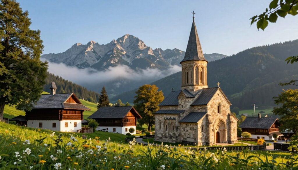 A picturesque scene showcasing a blend of sacred historical architecture in the Sudetes mountains. In the foreground, an ancient stone church with intricate carvings and tall steeples is surrounded by lush greenery and blooming wildflowers, inviting exploration. The middle ground features traditional wooden houses with sloping roofs, their rustic charm highlighted by soft warm lighting of the late afternoon sun. In the background, the majestic peaks of the Sudetes rise, partially shrouded in mist, with a clear blue sky stretching above. The composition captures a serene and contemplative atmosphere, with gentle sunlight filtering through the trees, casting dappled shadows on the ground. The angle should emphasize depth, creating a sense of wonder about the hidden treasures of this enchanting region. A picturesque scene showcasing a blend of sacred historical architecture in the Sudetes mountains. In the foreground, an ancient stone church with intricate carvings and tall steeples is surrounded by lush greenery and blooming wildflowers, inviting exploration. The middle ground features traditional wooden houses with sloping roofs, their rustic charm highlighted by soft warm lighting of the late afternoon sun. In the background, the majestic peaks of the Sudetes rise, partially shrouded in mist, with a clear blue sky stretching above. The composition captures a serene and contemplative atmosphere, with gentle sunlight filtering through the trees, casting dappled shadows on the ground. The angle should emphasize depth, creating a sense of wonder about the hidden treasures of this enchanting region.