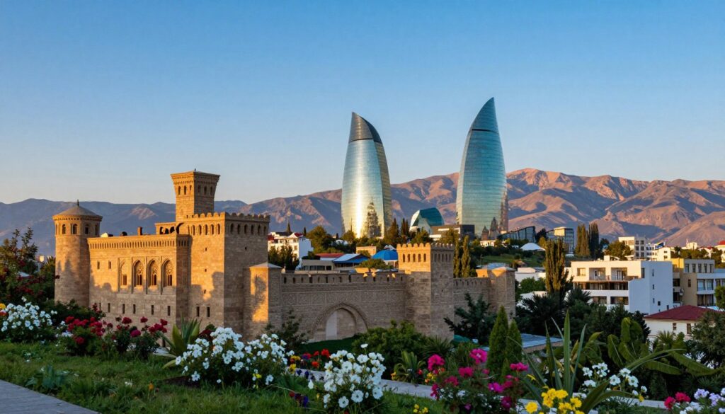 A picturesque view of Azerbaijan's most captivating landmarks, showcasing the contrast between modern and traditional architecture. In the foreground, a traditional Azerbaijani castle with intricate stonework, surrounded by vibrant flowers and lush greenery. The middle ground features the iconic Flame Towers, shimmering against a clear blue sky, reflecting the harmonious blend of history and contemporary life. In the background, the majestic Caucasus Mountains rise, bathed in soft golden light from a setting sun, creating an inviting atmosphere. Capture the scene from a slightly elevated angle, emphasizing the unique landscape and architecture. The overall mood should be serene and enchanting, inviting viewers to explore the beauty of Azerbaijan. A picturesque view of Azerbaijan's most captivating landmarks, showcasing the contrast between modern and traditional architecture. In the foreground, a traditional Azerbaijani castle with intricate stonework, surrounded by vibrant flowers and lush greenery. The middle ground features the iconic Flame Towers, shimmering against a clear blue sky, reflecting the harmonious blend of history and contemporary life. In the background, the majestic Caucasus Mountains rise, bathed in soft golden light from a setting sun, creating an inviting atmosphere. Capture the scene from a slightly elevated angle, emphasizing the unique landscape and architecture. The overall mood should be serene and enchanting, inviting viewers to explore the beauty of Azerbaijan.
