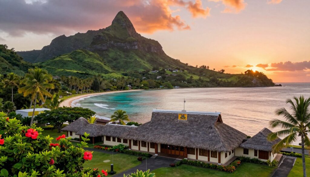 A picturesque view of French Polynesia's administrative landscape, showcasing the unique blend of lush green mountains and crystal-clear waters. In the foreground, an official government building with traditional Polynesian architectural elements, such as thatched roofs and wooden carvings, stands prominently. Surrounding it, tropical flora adds vibrant colors, including hibiscus and palm trees. In the middle ground, gentle waves lap against the shore, hinting at the island's serene beaches. The background features a breathtaking sunset sky painted in hues of orange and pink, illuminating the scene with a warm glow. The atmosphere is tranquil and professional, reflecting governance in this idyllic island paradise, captured with a wide-angle lens to convey depth and grandeur. A picturesque view of French Polynesia's administrative landscape, showcasing the unique blend of lush green mountains and crystal-clear waters. In the foreground, an official government building with traditional Polynesian architectural elements, such as thatched roofs and wooden carvings, stands prominently. Surrounding it, tropical flora adds vibrant colors, including hibiscus and palm trees. In the middle ground, gentle waves lap against the shore, hinting at the island's serene beaches. The background features a breathtaking sunset sky painted in hues of orange and pink, illuminating the scene with a warm glow. The atmosphere is tranquil and professional, reflecting governance in this idyllic island paradise, captured with a wide-angle lens to convey depth and grandeur.