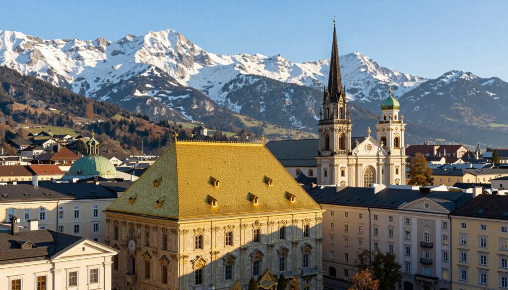 A picturesque view of Innsbruck, emphasizing its rich historical heritage. In the foreground, display the iconic Golden Roof (Goldenes Dachl) glimmering in the sunlight, surrounded by charming old buildings with ornate facades. In the middle ground, feature the majestic St. James Cathedral, showcasing its baroque architecture. In the background, the impressive alpine mountains rise sharply, dusted with snow, under a clear blue sky. Soft morning light casts gentle shadows, bathing the scene in a warm glow. Use a wide-angle perspective to capture the vibrant atmosphere of the city, evoking a sense of adventure and history. The entire image should convey a serene, inviting mood, perfect for showcasing Innsbruck as a gateway to alpine exploration. A picturesque view of Innsbruck, emphasizing its rich historical heritage. In the foreground, display the iconic Golden Roof (Goldenes Dachl) glimmering in the sunlight, surrounded by charming old buildings with ornate facades. In the middle ground, feature the majestic St. James Cathedral, showcasing its baroque architecture. In the background, the impressive alpine mountains rise sharply, dusted with snow, under a clear blue sky. Soft morning light casts gentle shadows, bathing the scene in a warm glow. Use a wide-angle perspective to capture the vibrant atmosphere of the city, evoking a sense of adventure and history. The entire image should convey a serene, inviting mood, perfect for showcasing Innsbruck as a gateway to alpine exploration.