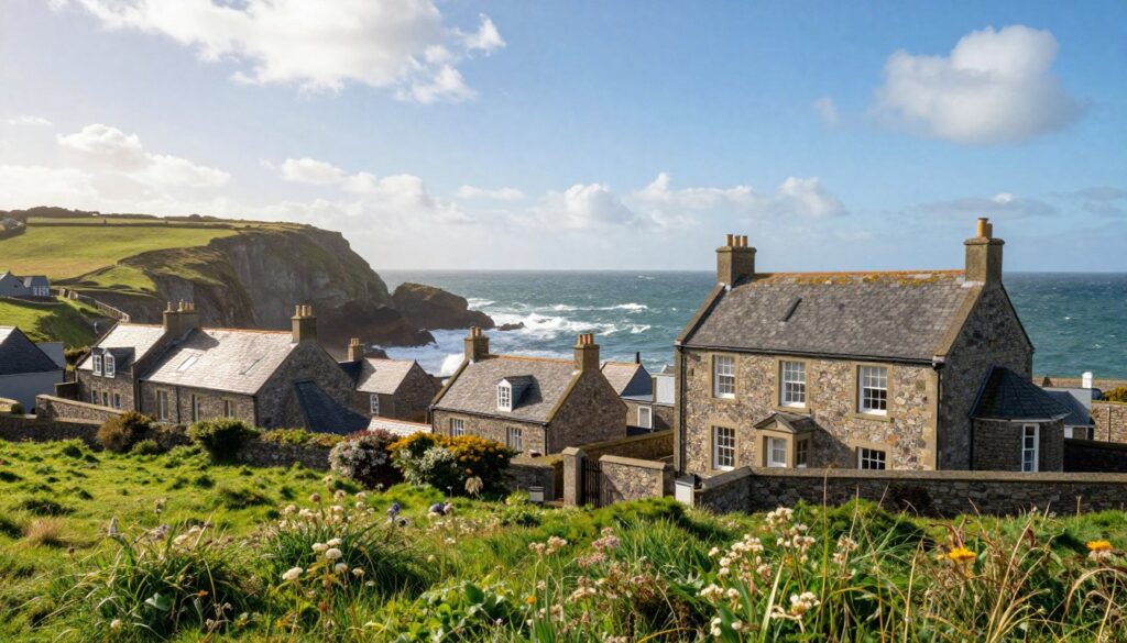 A picturesque view of Jersey Island, showcasing its unique political status within the British Crown. In the foreground, a vibrant green landscape dotted with wildflowers, symbolizing the island's natural beauty. In the middle ground, traditional Jersey stone buildings with slate roofs, reflecting the island’s rich history and culture. A dramatic coastal cliffside frames the background, with waves crashing against the rocks under a bright, clear blue sky. Soft sunlight filters through scattered clouds, casting a warm glow and highlighting the details of the architecture. The mood is calm and serene, evoking a sense of peace and stability, befitting the discussion of Jersey's political status. The image should have a wide-angle perspective, capturing the whole scene harmoniously without any text or watermarks.