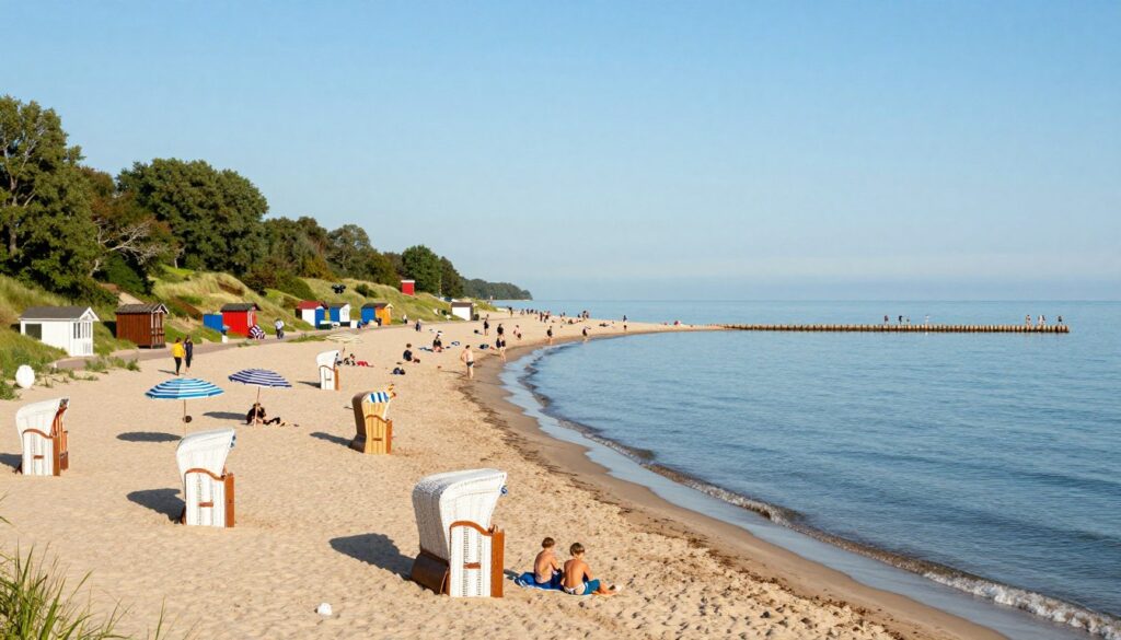 A picturesque view of Krynica Morska, showcasing its stunning coastal scenery on the Vistula Spit. In the foreground, a serene sandy beach with gentle waves lapping at the shore, dotted with colorful beach umbrellas and families enjoying the sun. The middle ground features charming wooden beach huts and people strolling along a scenic path lined with lush green dunes. In the background, the tranquil Baltic Sea stretches endlessly under a clear blue sky, casting soft reflections on the water. The atmosphere is bright and inviting, with warm sunlight illuminating the scene, creating a peaceful summer day feeling. Capture this in a wide-angle shot to emphasize the beauty and allure of this popular tourist destination.