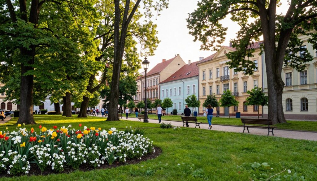 A picturesque view of Ostrów Wielkopolski, showcasing its lush green parks and vibrant natural landscapes. In the foreground, a serene park area with blooming flowers, manicured lawns, and tall trees creating a tranquil atmosphere. In the middle ground, a walking path lined with benches, where a few individuals in casual attire enjoy leisurely strolls. The background features charming historical buildings characteristic of the city’s architecture, with the sun casting a warm glow through the leaves, filling the scene with soft, natural light. Capture the essence of a peaceful urban environment, emphasizing the blend of nature and city life, at a slightly elevated angle to provide depth and perspective. A picturesque view of Ostrów Wielkopolski, showcasing its lush green parks and vibrant natural landscapes. In the foreground, a serene park area with blooming flowers, manicured lawns, and tall trees creating a tranquil atmosphere. In the middle ground, a walking path lined with benches, where a few individuals in casual attire enjoy leisurely strolls. The background features charming historical buildings characteristic of the city’s architecture, with the sun casting a warm glow through the leaves, filling the scene with soft, natural light. Capture the essence of a peaceful urban environment, emphasizing the blend of nature and city life, at a slightly elevated angle to provide depth and perspective.