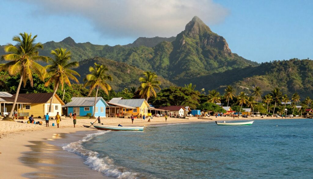 A picturesque view of Saint Kitts and Nevis, showcasing lush green mountains and pristine beaches under a vibrant blue sky. In the foreground, include a calm turquoise sea with gentle waves lapping against the shore, and a few small boats anchored nearby. The middle ground features a rustic Caribbean village with colorful houses, palm trees swaying in the soft breeze, and locals in modest clothing engaged in daily activities. The background highlights the volcanic peaks of Nevis, shrouded in a light mist, suggesting a warm tropical atmosphere. The lighting is warm and bright, ideal for a late afternoon, casting soft shadows and creating a tranquil mood. A wide-angle lens is used to capture the expansive beauty of this idyllic island paradise. A picturesque view of Saint Kitts and Nevis, showcasing lush green mountains and pristine beaches under a vibrant blue sky. In the foreground, include a calm turquoise sea with gentle waves lapping against the shore, and a few small boats anchored nearby. The middle ground features a rustic Caribbean village with colorful houses, palm trees swaying in the soft breeze, and locals in modest clothing engaged in daily activities. The background highlights the volcanic peaks of Nevis, shrouded in a light mist, suggesting a warm tropical atmosphere. The lighting is warm and bright, ideal for a late afternoon, casting soft shadows and creating a tranquil mood. A wide-angle lens is used to capture the expansive beauty of this idyllic island paradise.