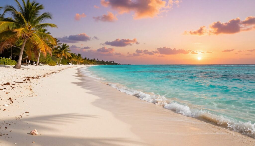 A picturesque view of Seven Mile Beach on Grand Cayman, showcasing its stunning white sand and crystal-clear turquoise waters. In the foreground, gentle waves softly lap against the shore, with a few seashells scattered on the sand. The middle ground features palm trees swaying lightly in the warm breeze, casting dappled shadows on the beach. In the background, the calm ocean stretches out to the horizon, where it meets a vibrant sky at sunset, filled with hues of orange, pink, and purple. The scene captures a serene and inviting atmosphere, ideal for a tropical getaway. The lighting is warm and golden, creating a tranquil mood, with a wide-angle lens perspective to encompass the beauty of this renowned beach setting. A picturesque view of Seven Mile Beach on Grand Cayman, showcasing its stunning white sand and crystal-clear turquoise waters. In the foreground, gentle waves softly lap against the shore, with a few seashells scattered on the sand. The middle ground features palm trees swaying lightly in the warm breeze, casting dappled shadows on the beach. In the background, the calm ocean stretches out to the horizon, where it meets a vibrant sky at sunset, filled with hues of orange, pink, and purple. The scene captures a serene and inviting atmosphere, ideal for a tropical getaway. The lighting is warm and golden, creating a tranquil mood, with a wide-angle lens perspective to encompass the beauty of this renowned beach setting.
